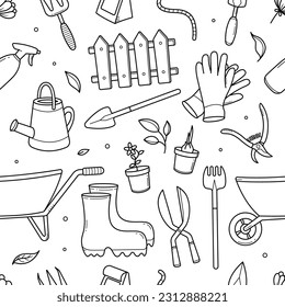 Gardener Tools in freehand vector doodle sketches seamless pattern