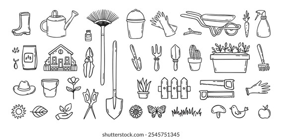 Gärtner Werkzeuge handgezeichnete doodle Symbole gesetzt. Hobbygärtnern. Gartenartikel für Pflanzenpflege und Hinterhofreinigung. Gartenleinen-Clipart. Vektorgrafik