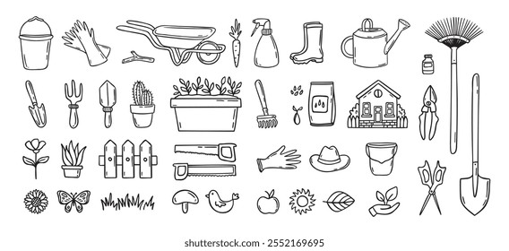 Conjunto de iconos de doodle dibujados a mano de herramientas de jardinero. Jardinería de hobby. Artículos de jardín para el cuidado de plantas y limpieza del patio trasero. Clipart de línea de jardín. Ilustración vectorial