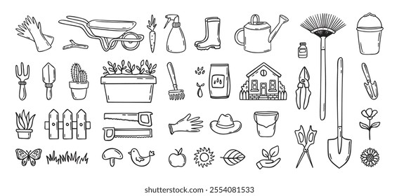 Gardener tools hand drawn doodle icons set. Hobby gardening. Garden items for plant care and backyard cleaning. Garden line clipart. Vector illustration