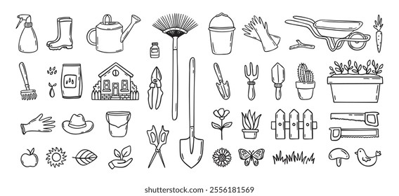 Gardener tools hand drawn doodle icons set. Hobby gardening. Garden items for plant care and backyard cleaning. Garden line clipart. Vector illustration