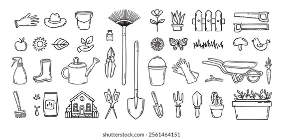 Gardener tools hand drawn doodle icons set. Hobby gardening. Garden items for plant care and backyard cleaning. Garden line clipart. Vector illustration