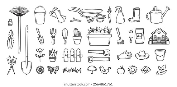 Gardener tools hand drawn doodle icons set. Hobby gardening. Garden items for plant care and backyard cleaning. Garden line clipart. Vector illustration