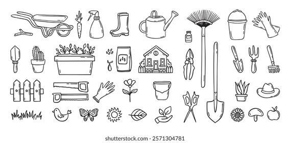 Gardener tools hand drawn doodle icons set. Hobby gardening. Garden items for plant care and backyard cleaning. Garden line clipart. Vector illustration