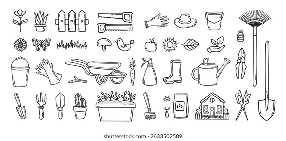Conjunto de iconos de doodle dibujados a mano de herramientas de jardinero. Jardinería de hobby. Artículos de jardín para el cuidado de plantas y limpieza del patio trasero. Clipart de línea de jardín. Ilustración vectorial