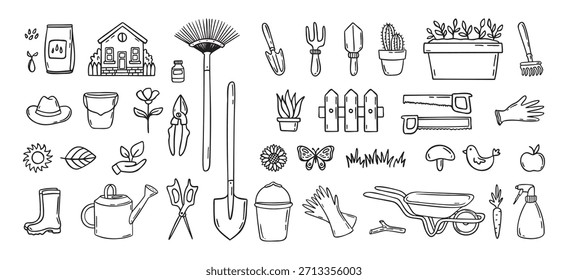 Gardener tools hand drawn doodle icons set. Hobby gardening. Garden items for plant care and backyard cleaning. Garden line clipart. Vector illustration