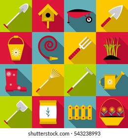 Gardener tools set. Flat illustration of 16 gardener tools vector icons for web