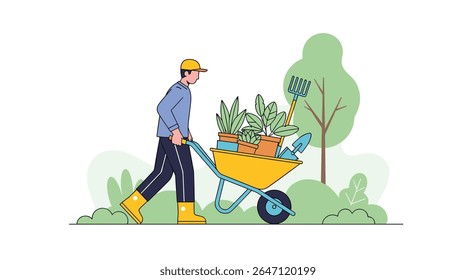 Gardener Transports Freshly Harvested Produce in Wheelbarrow a Rural Scene of Sustainable Living