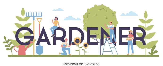 Gardener typographic header concept. Idea of horticultural designer business. Character planting trees and bush. Special tool for work, shovel and flowerpot, hose. Isolated flat illustration