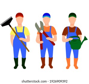 gardener in uniform Icon set. Full height people characters isolated on white with scissors, rake, water can