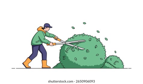 Jardineiro usando tesouras para aparar e moldar um grande arbusto verde em um cenário de jardim