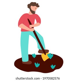 Gardener using shovel in his garden. Vector flat illustration for banners, flyers, web-sites, posters, packages,etc