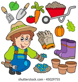 Gardener with various objects - vector illustration.