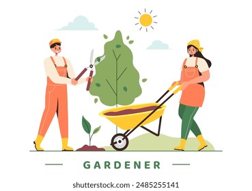 Gardener Vector Illustration with Garden Tools, Farming, and Growing Vegetables in a Botanical Summer Gardening Flat Style Cartoon Background