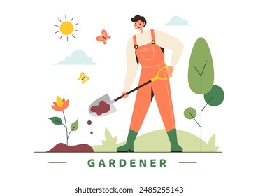 Gardener Vector Illustration with Garden Tools, Farming, and Growing Vegetables in a Botanical Summer Gardening Flat Style Cartoon Background