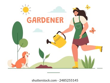 Gärtner-Vektorillustration mit Gartengeräten, Landwirtschaft und Gemüseanbau in einem botanischen Sommergarten-Flachstil Cartoon Hintergrund
