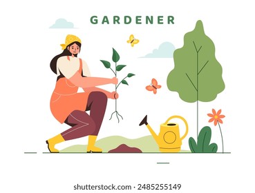 Ilustración vectorial de jardinero con herramientas de jardín, agricultura y cultivo de verduras en un fondo de dibujos animados de estilo plano de jardinería botánica de verano