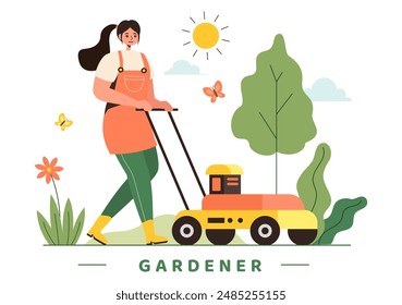 Gärtner-Vektorillustration mit Gartengeräten, Landwirtschaft und Gemüseanbau in einem botanischen Sommergarten-Flachstil Cartoon Hintergrund