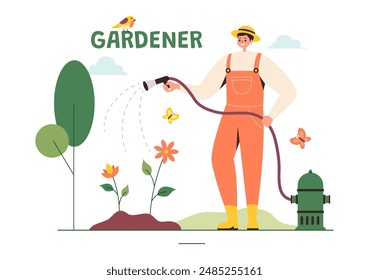 Gardener Vector Illustration with Garden Tools, Farming, and Growing Vegetables in a Botanical Summer Gardening Flat Style Cartoon Background