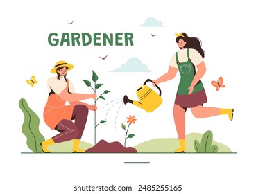 Gärtner-Vektorillustration mit Gartengeräten, Landwirtschaft und Gemüseanbau in einem botanischen Sommergarten-Flachstil Cartoon Hintergrund