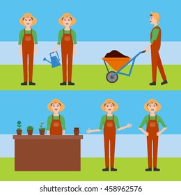Gardener vector illustration set, in cartoon style, in different poses with various facial expressions, gardening, watering. 