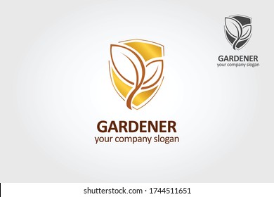 Vorlage des Gardener Vector Logos. Illustration von Blättern auf einem goldenen Schild Hintergrund. Dieses Logo wird für Landschafts-, Gartenbau-, aber auch für Naturgebiete verwendet.