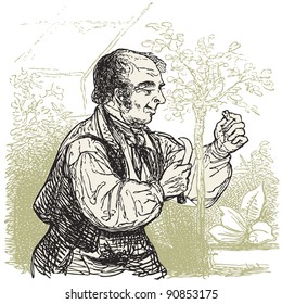 The gardener - Vintage engraved illustration - "Les Francais" by L.Curmer in 1842 France