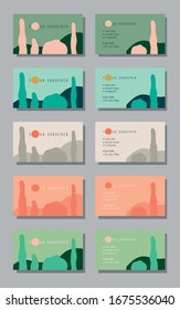 Gardener visit card set template for landscape designer and business - concept design. Vector illustration with trees silhouettes.