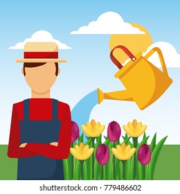 gardener watering can flowers garden work