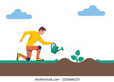 Gardener with watering can hold in hand. Planting tree. Process planting concept. Gardening, agriculture, caring for environment. Vector illustration flat design. Young sapling.