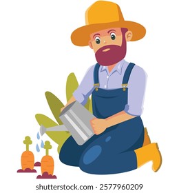 Gardener Watering Carrots in Garden, Design Inspiration, Character