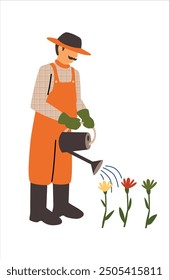 Gardener watering flowers. Farmer in orange overalls and hat with a watering can. Vector flat illustration.