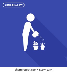 Gardener watering the flowers on blue background with long shadow