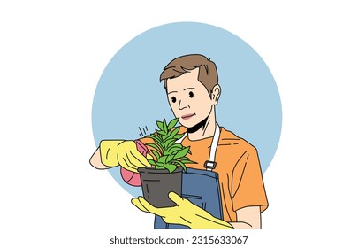 gardener is watering green plants in greenhouse garden. Asian man watering plants every morning.