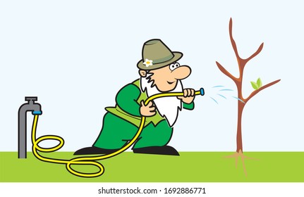 gardener with watering hose and tree ,funny vector illustration	