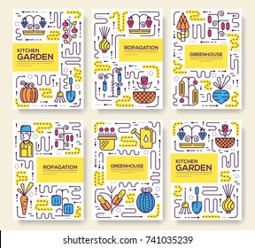 Gardener watering plants in greenhouse thin line set. vegetables growing in hothouse linear template of flyear, magazines, posters, book cover, banners. Layout  station outline modern pages