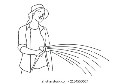 Gardener is watering plants with hose. Hand drawn vector illustration. Black and white.