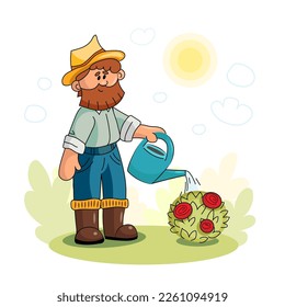 A gardener is watering a rose bush from a watering can. Flower care illustration. The man is working in the garden. Plant care in summer. Care of the gardener for flowering plants. Beautiful roses