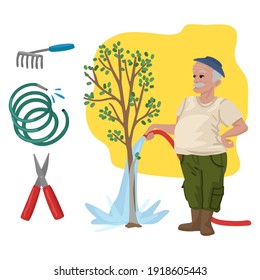 Gardener watering the tree, pruner and hose. Professions, character and items for his work. Development of children's education. Education game. Exercise for preschoolers.Vector cartoon illustration.