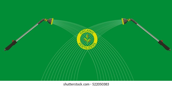 Gardener watering wand in different positions and label for organic fertilizers. Vector illustration