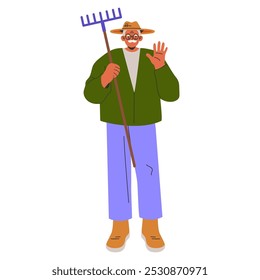 Gardener waving illustration. Friendly farmer with a rake standing on a solid background. Agricultural worker in casual attire vector illustration.