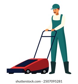 Gardener wearing green overalls and black boots is mowing the lawn with a red electric lawn mower