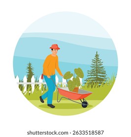 Gardener wearing orange and blue outfit, transporting potted plants with a wheelbarrow in a lush garden. Home gardening concept.