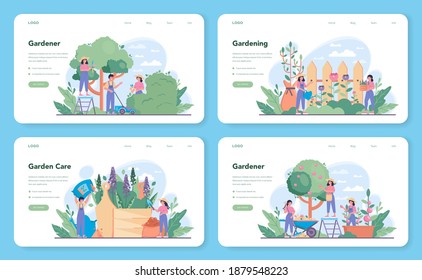 Gardener web banner or landing page set. Idea of horticultural designer business. Character planting trees and bush. Special tool for work, shovel and flowerpot, hose. Isolated flat illustration