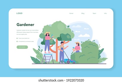 Gardener web banner or landing page. Idea of horticultural designer business. Character planting trees and bush. Special tool for work, shovel and flowerpot, hose. Isolated flat illustration