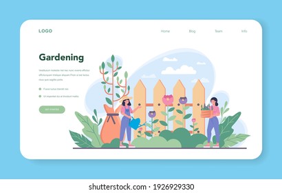 Gardener web banner or landing page. Idea of horticultural designer business. Character planting trees and bush. Special tool for work, shovel and flowerpot, hose. Isolated flat illustration