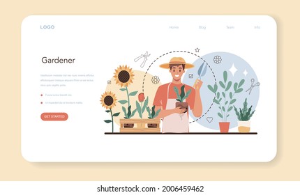 Gardener web banner or landing page. Idea of gardening and horticultural designer business. Male character planting flowers. Eco hobby. Flat vector illustration