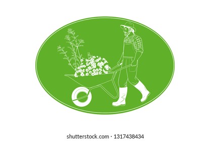 

Gardener with a wheelbarrow and  flowers seedlings. Vector oval emblem or icon.Hand drawn illustration.
