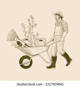 	
Gardener with a wheelbarrow and garden tools. Vintage vector illustration. Ink drawing in retro style.
