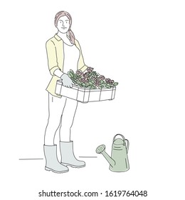 Gardener woman with a box of flowers and watering can. Hand drawn vector illustration.